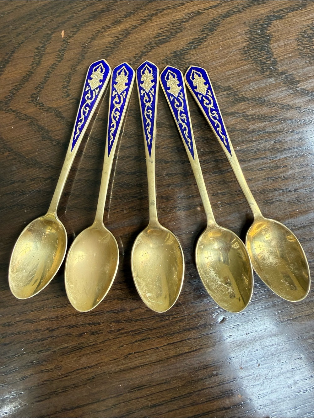 Vintage Thai Gold-Tone Blue Enamel Demitasse Spoons - Set of 5